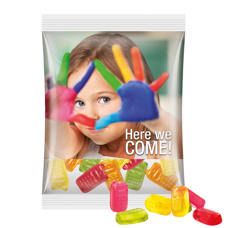 Maxitüte 50 g Trolli Trolli Fruchtgummi Handy; Kompostierbare Folie, weiß