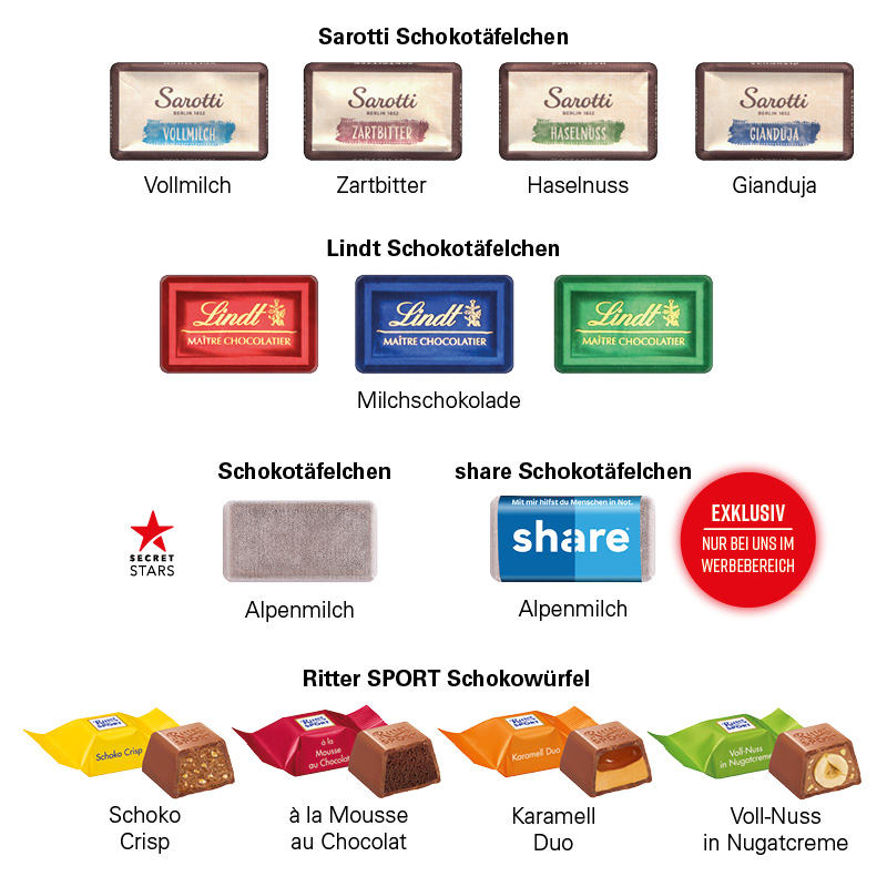 Adventskalender Haus; 24 Ritter SPORT Schokowürfel, 4 Sorten