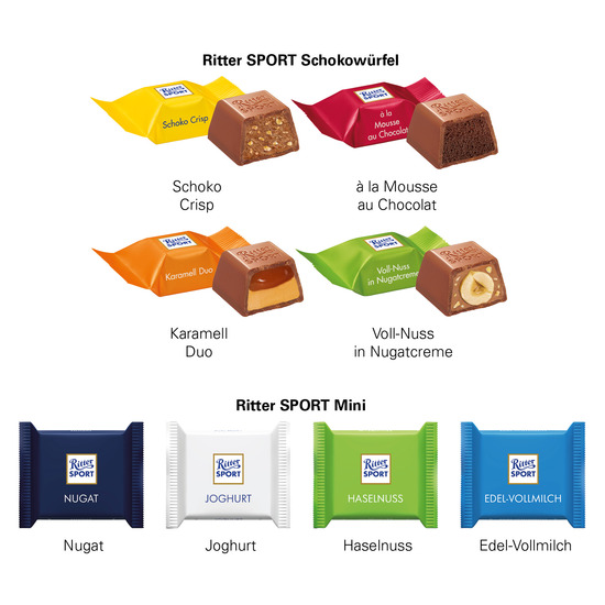 Adventskalender quadratisch; 24 Ritter SPORT Schokowürfel, 4 Sorten