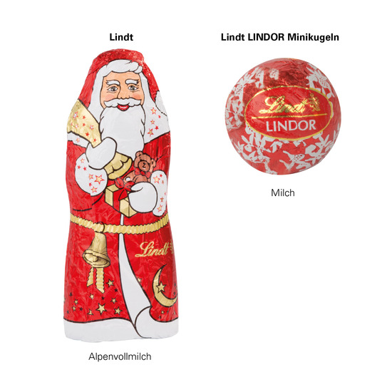 Weihnachtsdose Lindt; 1 Lindt Schoko Weihnachtsmann & 2 LINDOR Mini Milchkugeln