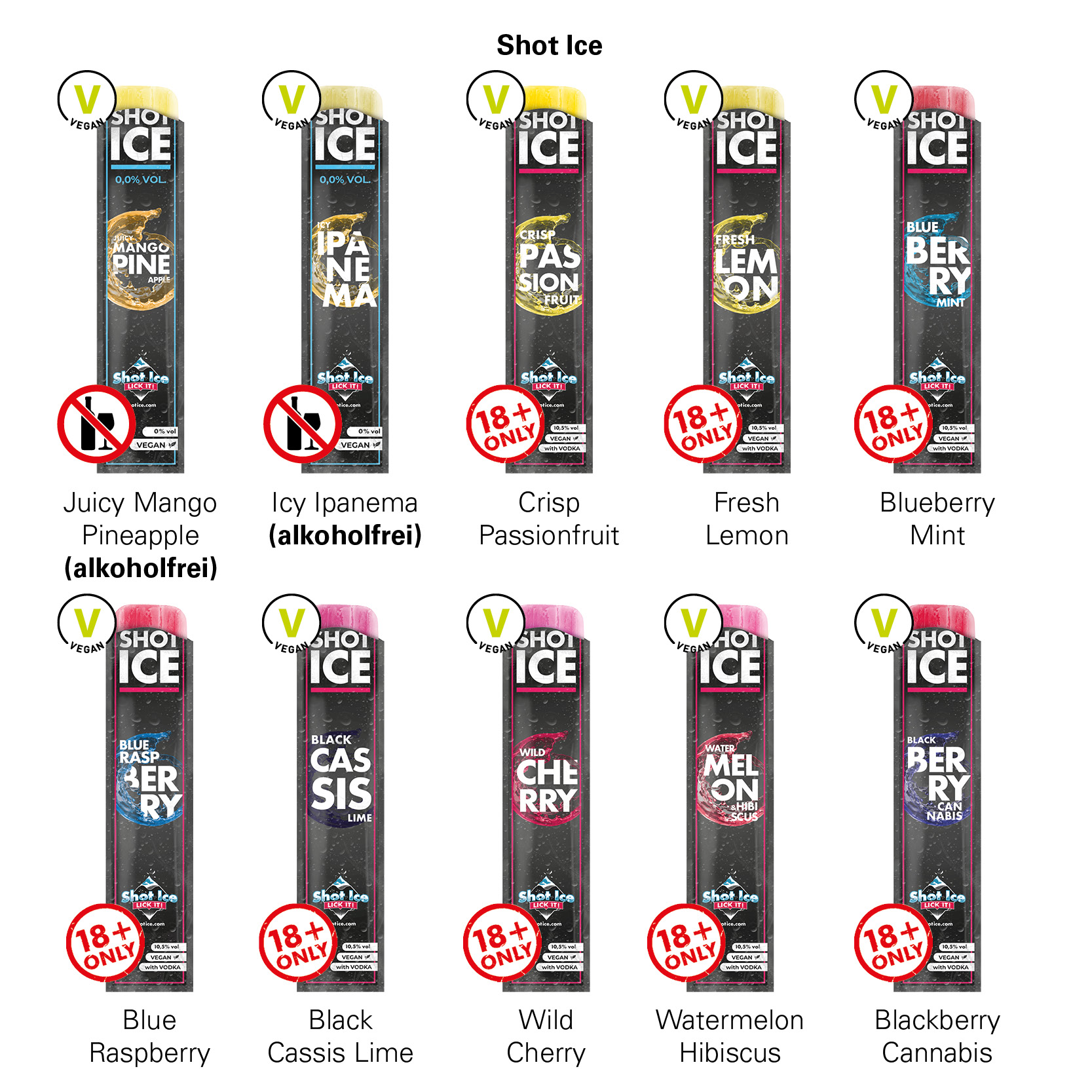 Long Box Shot Ice 1er; 1 Shot Ice Wassereis, Blue Berry Mint mit Wodka