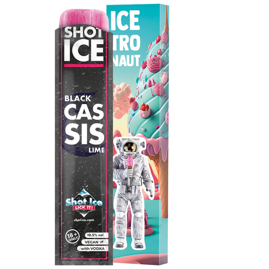 Long Box Shot Ice 1er; 1 Shot Ice Wassereis, Black Cassis Lime mit Wodka