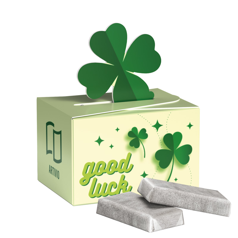 Geschenkbox Mini Kleeblatt; 5 Alpenmilch Schokotäfelchen