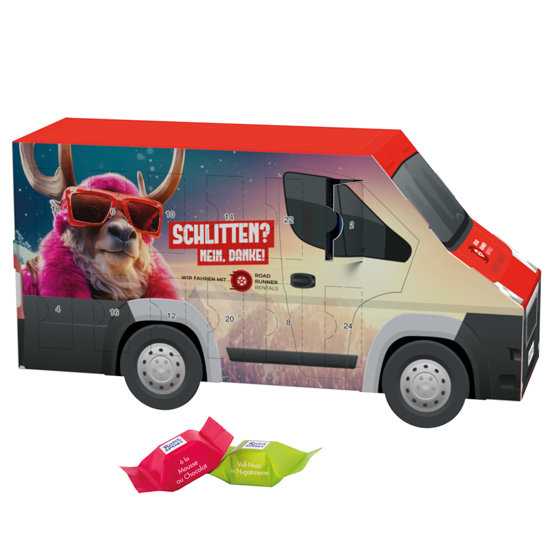 Adventskalender Transporter; 24 Ritter SPORT Schokowürfel, 4 Sorten