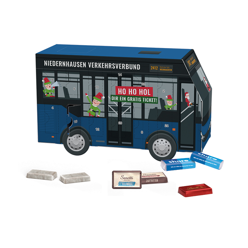 Adventskalender Bus; 24 Sarotti Schokoladentäfelchen, 4 Sorten