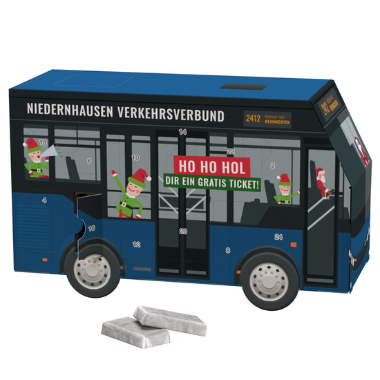 Adventskalender Bus; 24 Alpenmilch-Schokotäfelchen