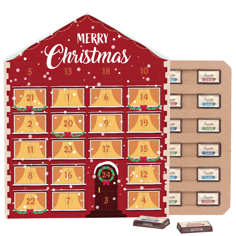 Täfelchen Adventskalender Haus ECO; 24 Sarotti Schokoladentäfelchen, 4 Sorten