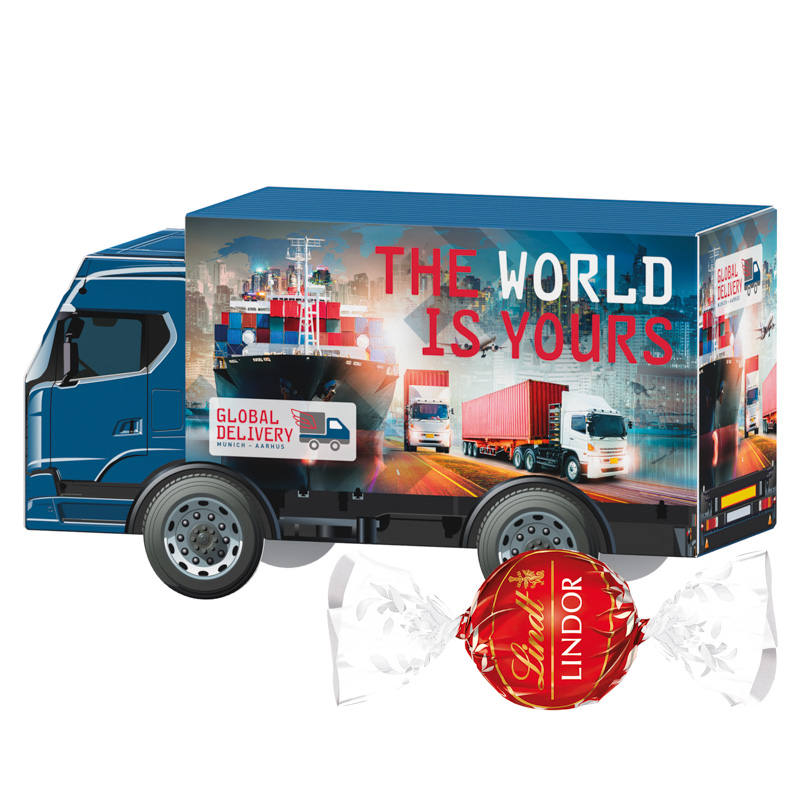 3D Präsent LKW; 1 Beutel mit 3 Lindt LINDOR Milchkugeln