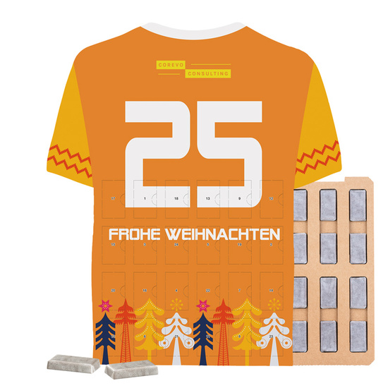 Täfelchen Adventskalender Trikot ECO; 24 Alpenmilch-Schokotäfelchen