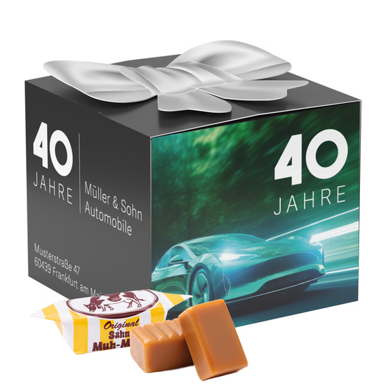 Geschenkbox Midi Schleife; 6 Original Sahne Muh-Muhs Toffees