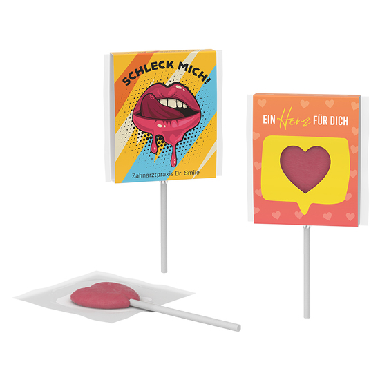 Werbe-Lolly; 1 Lolly in Herzform, mit Herz-Stanzung, flacher Herz-Lolly