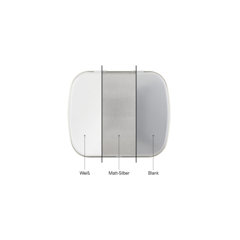 Klappdose. Scharnierdeckeldose mit gewölbtem Deckel, weiß, matt-silber oder blank aus Metall (Weißblech 98% recycelbar), Deckel individuell bedruckt, verschiedene Füllvarianten lieferbar. Mit Originalitätsverschluss und Aufreißperforation