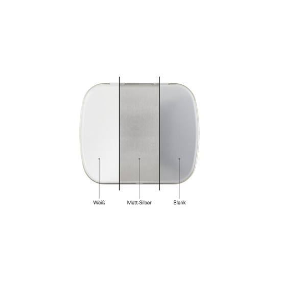 Klappdose. Scharnierdeckeldose mit gewölbtem Deckel, weiß, matt-silber oder blank aus Metall (Weißblech 98% recycelbar), Deckel individuell bedruckt, verschiedene Füllvarianten lieferbar. Mit Originalitätsverschluss und Aufreißperforation