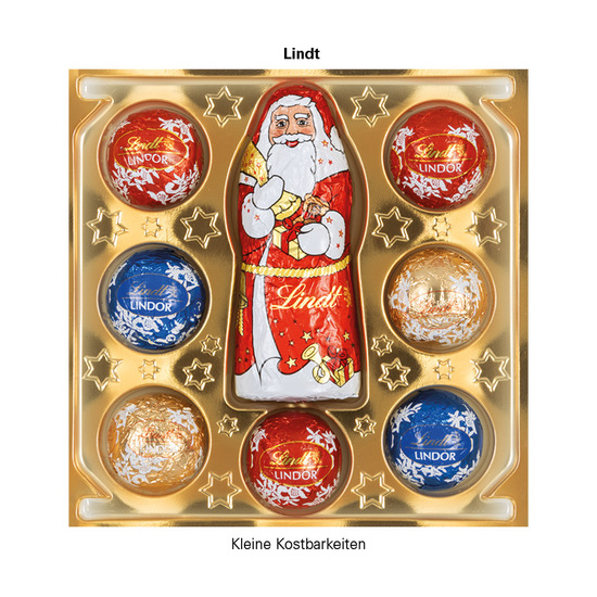 Lindt Präsent im Werbeschuber, Kleine Kostbarkeiten Santa