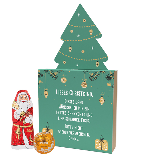 Lindt Präsent im Werbeschuber "Tannenbaum", Kleine Kostbarkeiten Santa