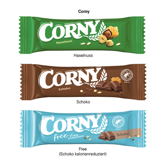 Corny Müsliriegel in Werbeschuber, Schoko