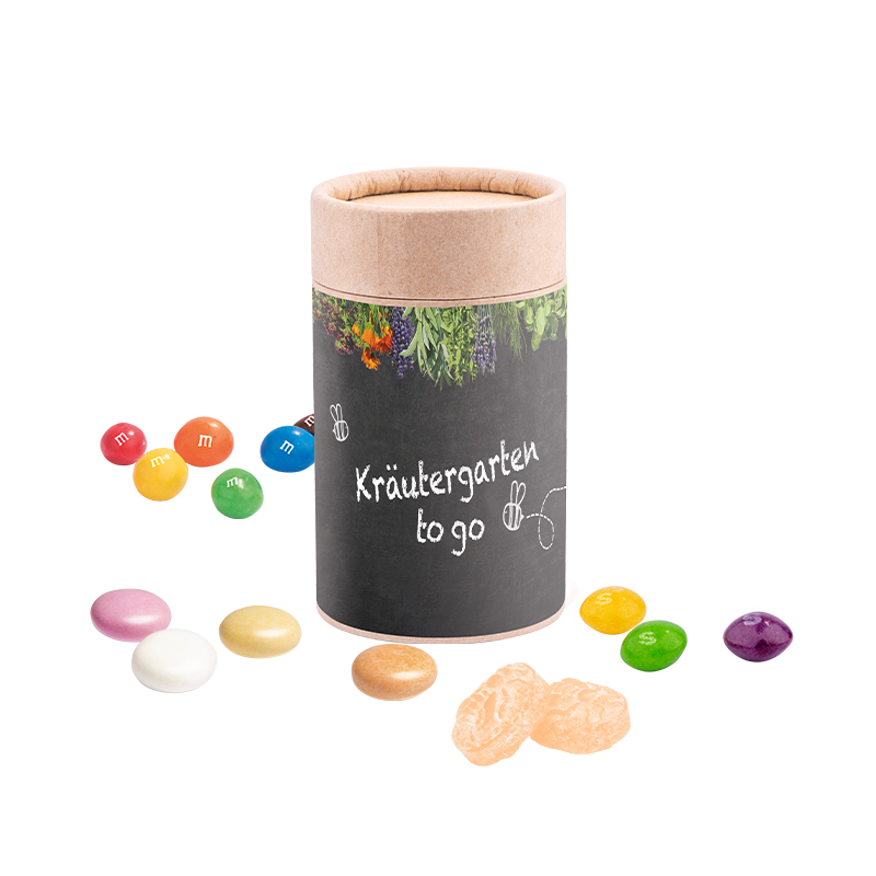 Papierdose Eco Midi, mit verschiedenen Füllvarianten lieferbar.