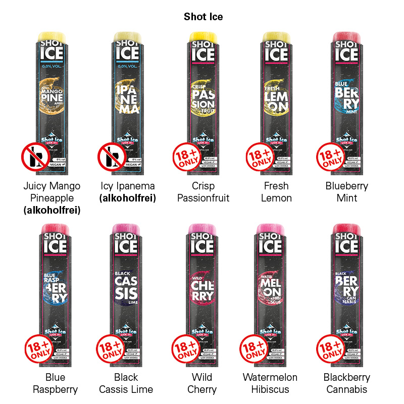 Werbeverpackung aus Karton, mit einem Shot Ice, verschiedene Sorten lieferbar.