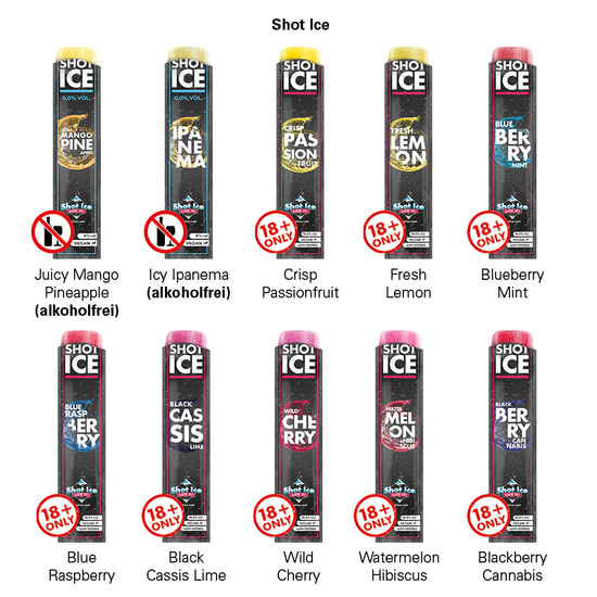 Werbeverpackung aus Karton, mit einem Shot Ice, verschiedene Sorten lieferbar.