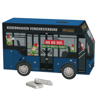 Adventskalender Bus, Alpenmilch-Schokotäfelchen in Pergaminpapier