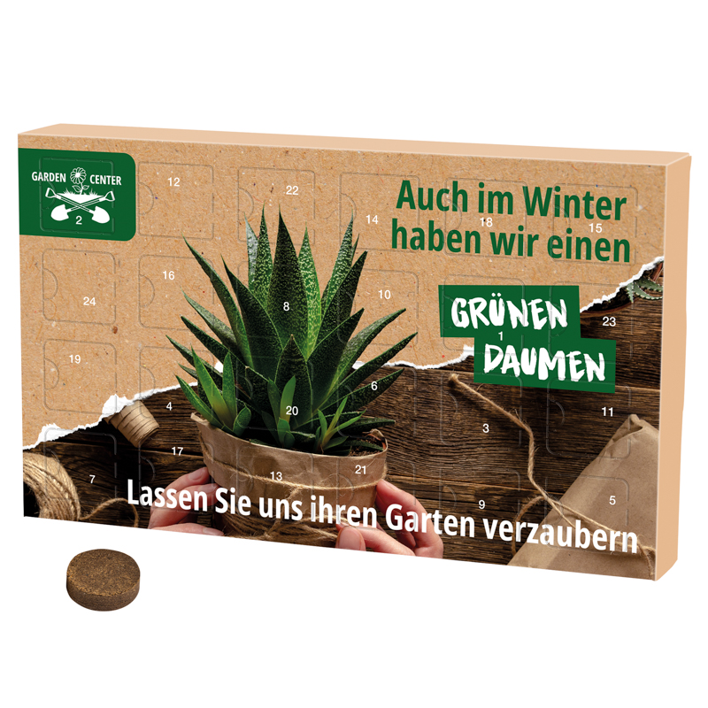 Wachsender Adventskalender Eco L, Papierblister, 24 Samentütchen & Substrattabletten