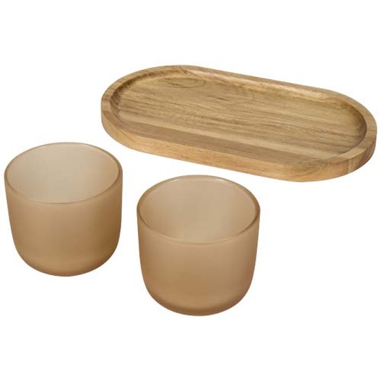 Male Set aus Holztablett und Glastassen