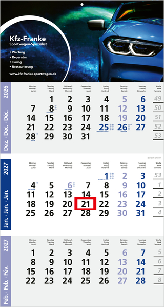 3-Monatskalender Einblatt Logic 3 Post A Design-Kalendarium