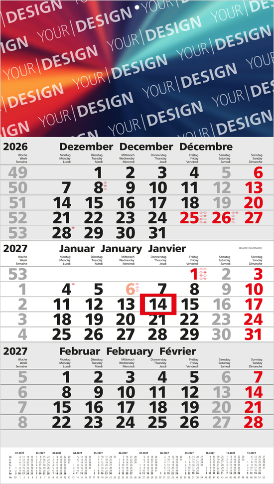 3-Monatskalender Einblatt Primus 3 Post A mit Jahresübersicht