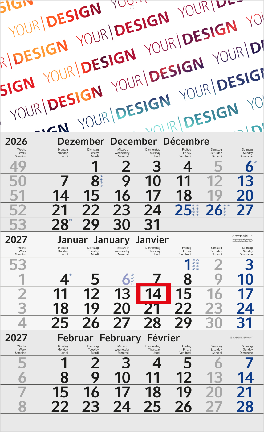 3-Monatskalender Einblatt Budget 3 RECYCLING Schrift modern
