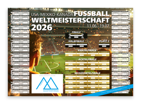 WM-Planer Spielplan-Wandplaner Fußball-WM 2026, Postoptimierung ja (gefalzt auf DIN A4), WM-Motiv Stadionemotion
