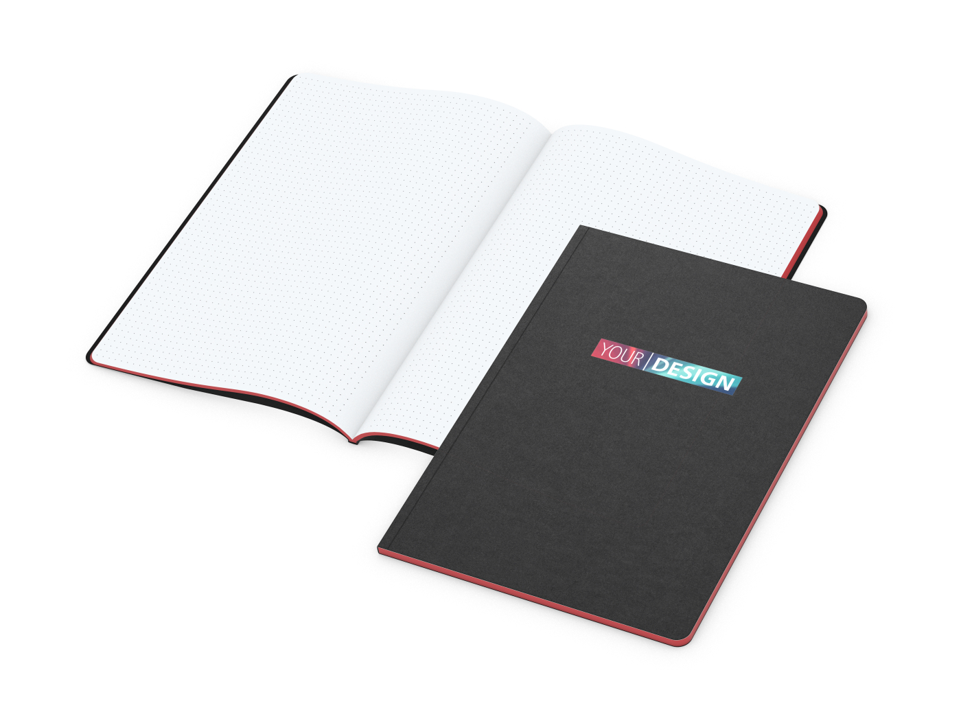 Notizbuch Tablet-Book Farbschnitt Naturkarton-Softcover schwarz, Papierformat/Lineatur DIN A4 / Punktraster, Farbschnitt/Logodruck rot/4farbig