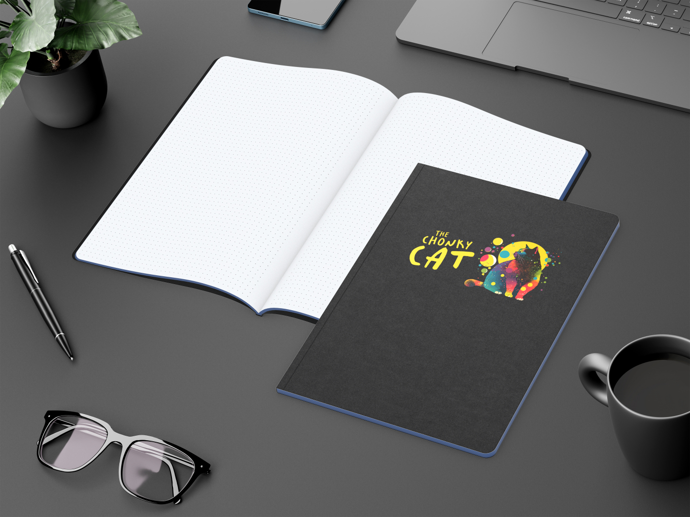 Notizbuch Tablet-Book Farbschnitt Naturkarton-Softcover schwarz, Papierformat/Lineatur DIN A4 / Punktraster, Farbschnitt/Logodruck mittelblau/4farbig
