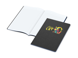 Notizbuch Tablet-Book Farbschnitt Naturkarton-Softcover schwarz, Papierformat/Lineatur DIN A4 / Winkelkaro, Farbschnitt/Logodruck mittelblau/4farbig