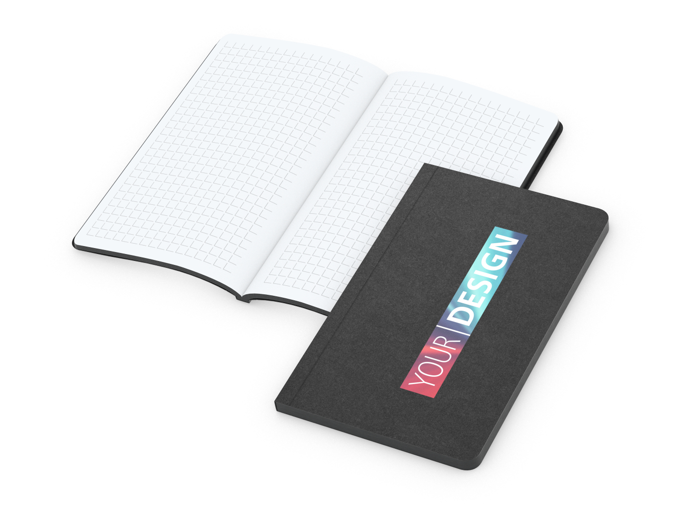 Notizbuch Tablet-Book Farbschnitt Naturkarton-Softcover schwarz, Papierformat/Lineatur 94 × 152 mm / Winkelkaro, Farbschnitt/Logodruck schwarz/4farbig