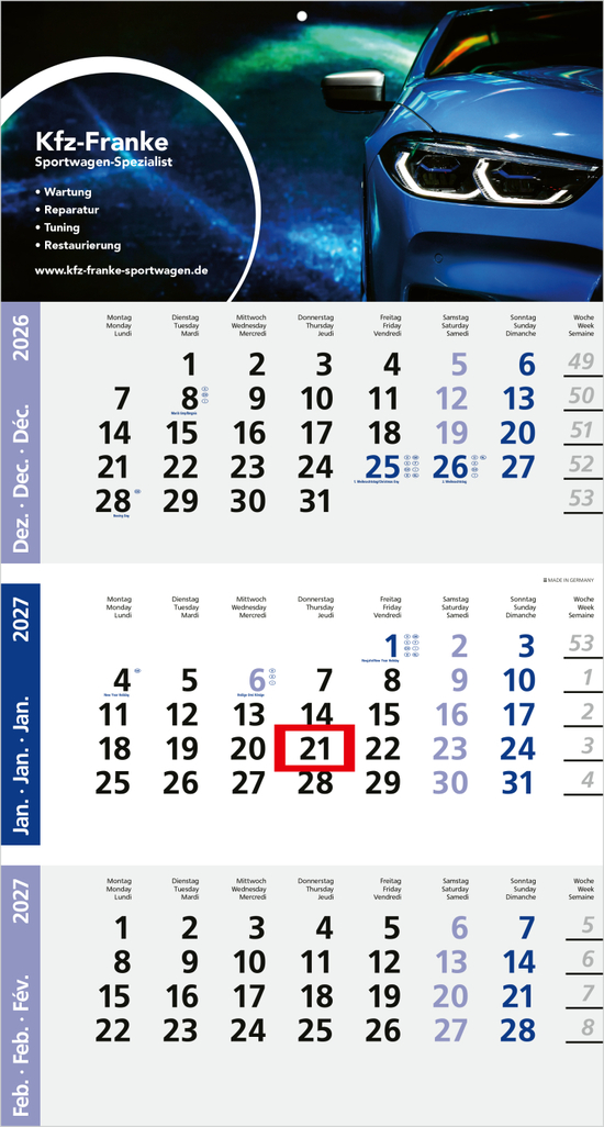 3-Monatskalender Einblatt Logic 3 Post A EXPRESS Design-Kalendarium