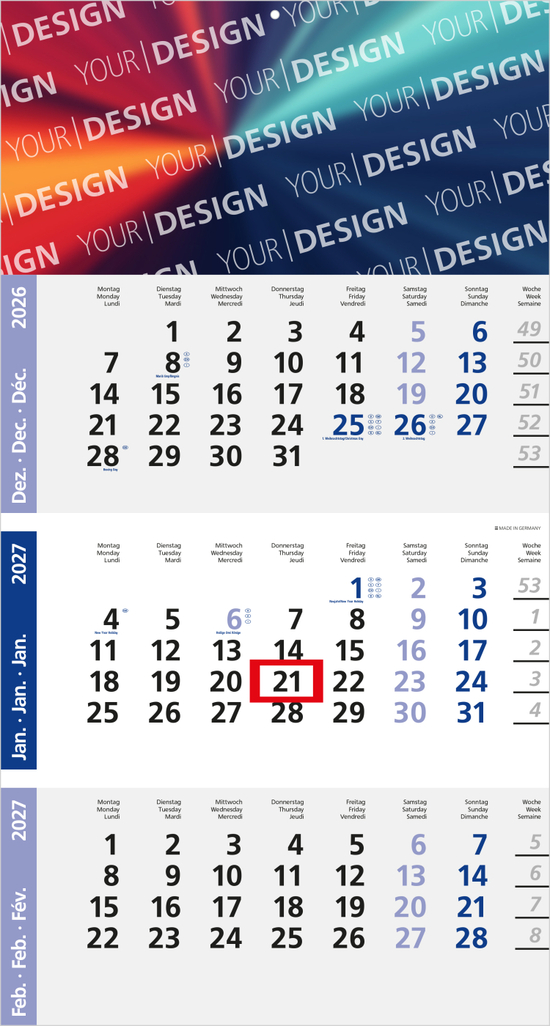 3-Monatskalender Einblatt Logic 3 Post A EXPRESS Design-Kalendarium