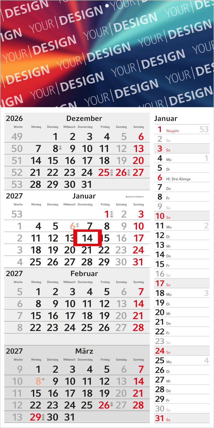 4-Monatskalender Einblatt Konzept 4 Post EXPRESS mit Streifenkalendarium