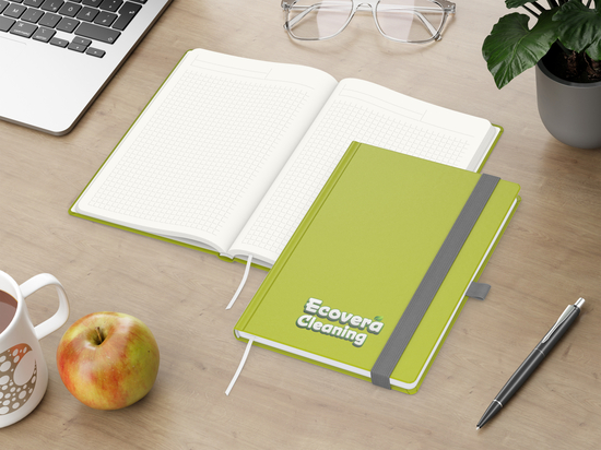 Notizbuch Organic-Book RECYCLING Apfelleder-Hardcover farbig A5, Lineatur Winkelkaro, Material-Infoblatt nein, Siebdruck-Digital inkl.