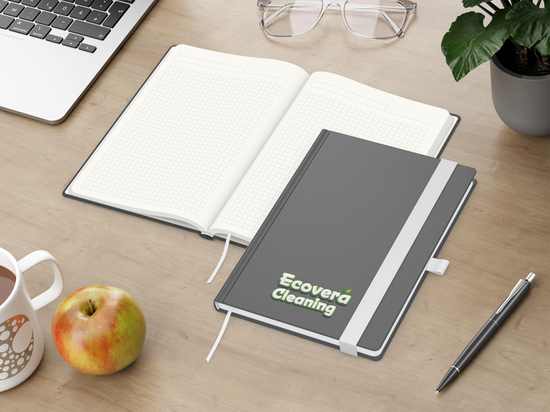 Notizbuch Organic-Book RECYCLING Apfelleder-Hardcover farbig A5, Lineatur Winkelkaro, Material-Infoblatt nein, Siebdruck-Digital inkl.