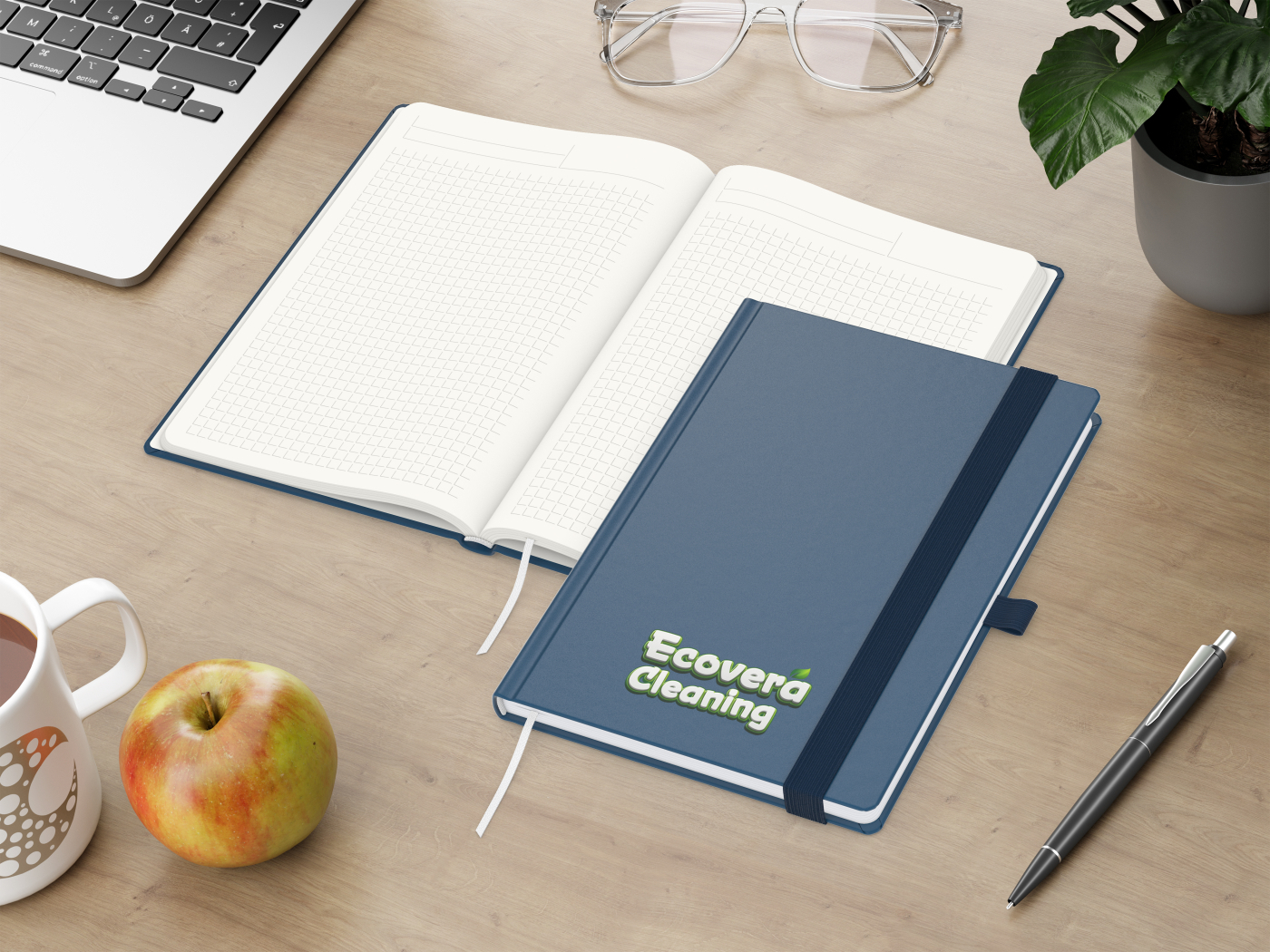 Notizbuch Organic-Book RECYCLING Apfelleder-Hardcover farbig A5, Lineatur Winkelkaro, Material-Infoblatt ja, Siebdruck-Digital inkl.