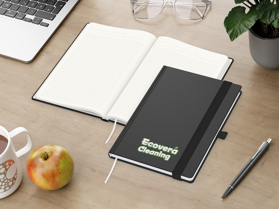 Notizbuch Organic-Book RECYCLING Apfelleder-Hardcover farbig A5, Lineatur Winkelkaro, Material-Infoblatt ja, Siebdruck-Digital inkl.