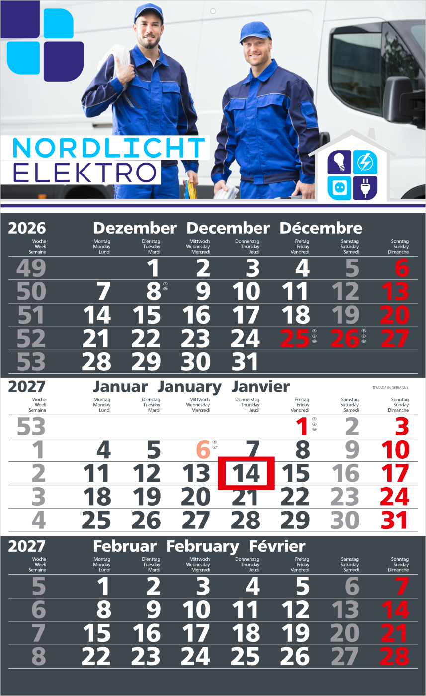 3-Monatskalender Einblatt Solid 3 Schrift klassisch
