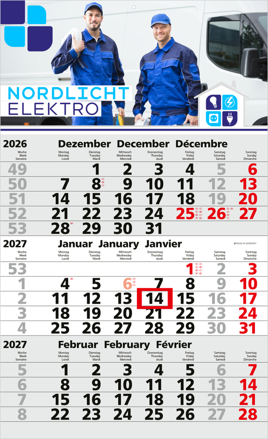 3-Monatskalender Einblatt Solid 3 Schrift klassisch