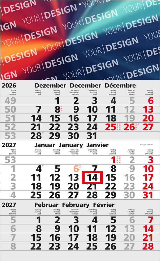 3-Monatskalender Einblatt Solid 3 Schrift klassisch
