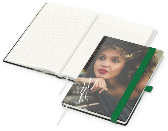 Notizbuch Match-Book RECYCLING Hardcover individuell bedruckt, DIN A5, Lineatur Winkelkaro, Einband-Material recyceltes Naturpapier