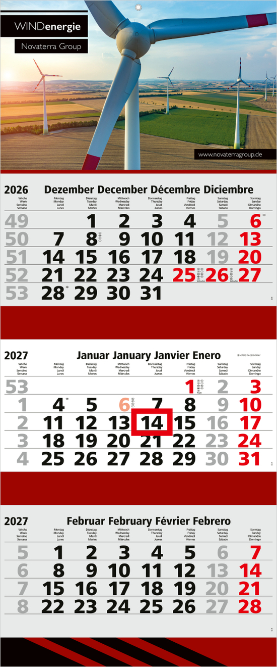 3-Monatskalender Mehrblock Maxi 3 Post Extra-Breite 335 mm