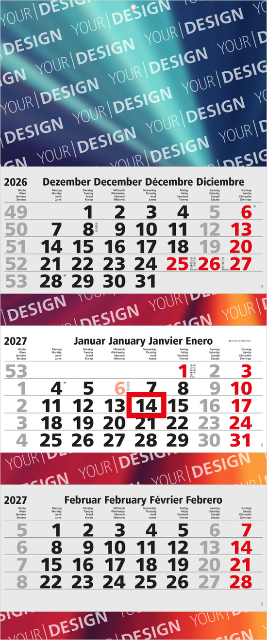 3-Monatskalender Mehrblock Maxi 3 Post Extra-Breite 335 mm
