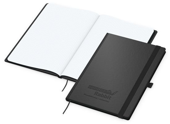 Notizbuch Hardcover Black-Book Ausstattung schwarz, DIN A4, Lineatur Punktraster, Blindprägung inkl.