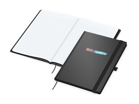 Notizbuch Hardcover Black-Book Ausstattung schwarz, DIN A4, Lineatur Winkelkaro, Siebdruck-Digital inkl.