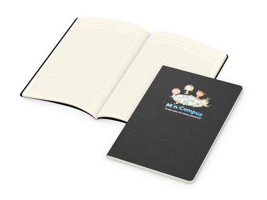 Notizbuch Copy-Book Seiten cremefarben Naturkarton-Softcover farbig, DIN A5, Lineatur Winkelkaro, Siebdruck-Digital inkl.